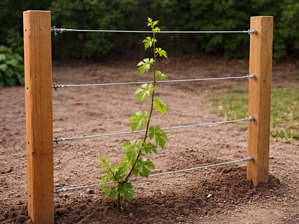 Treated wooden posts with three horizontal wires and a young grapevine trained upward in a home garden.
