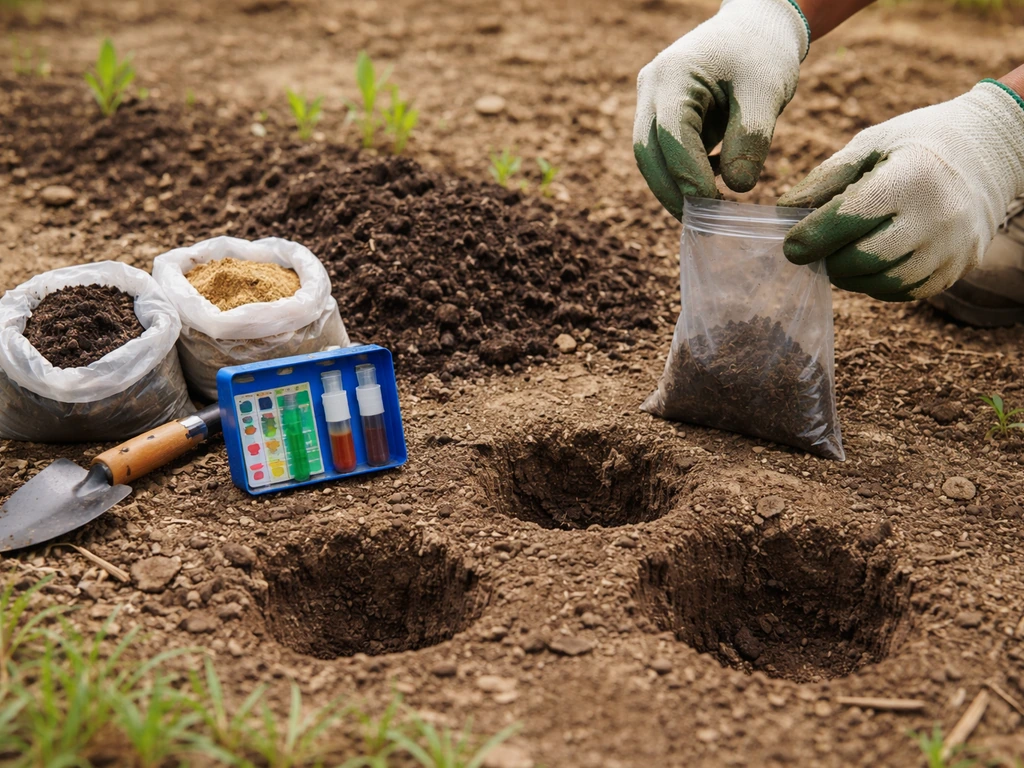 Gardener’s hands place a soil sample bag beside planting holes with amended soil for soil testing