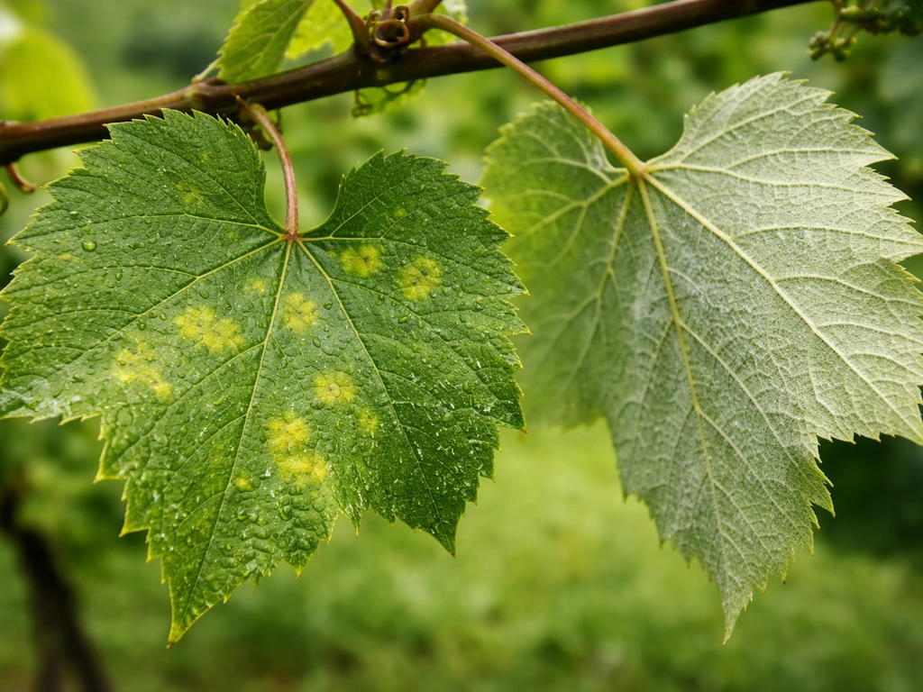 Jamaican grape leaves with early downy mildew yellow oil spots and a close underside view, natural light.