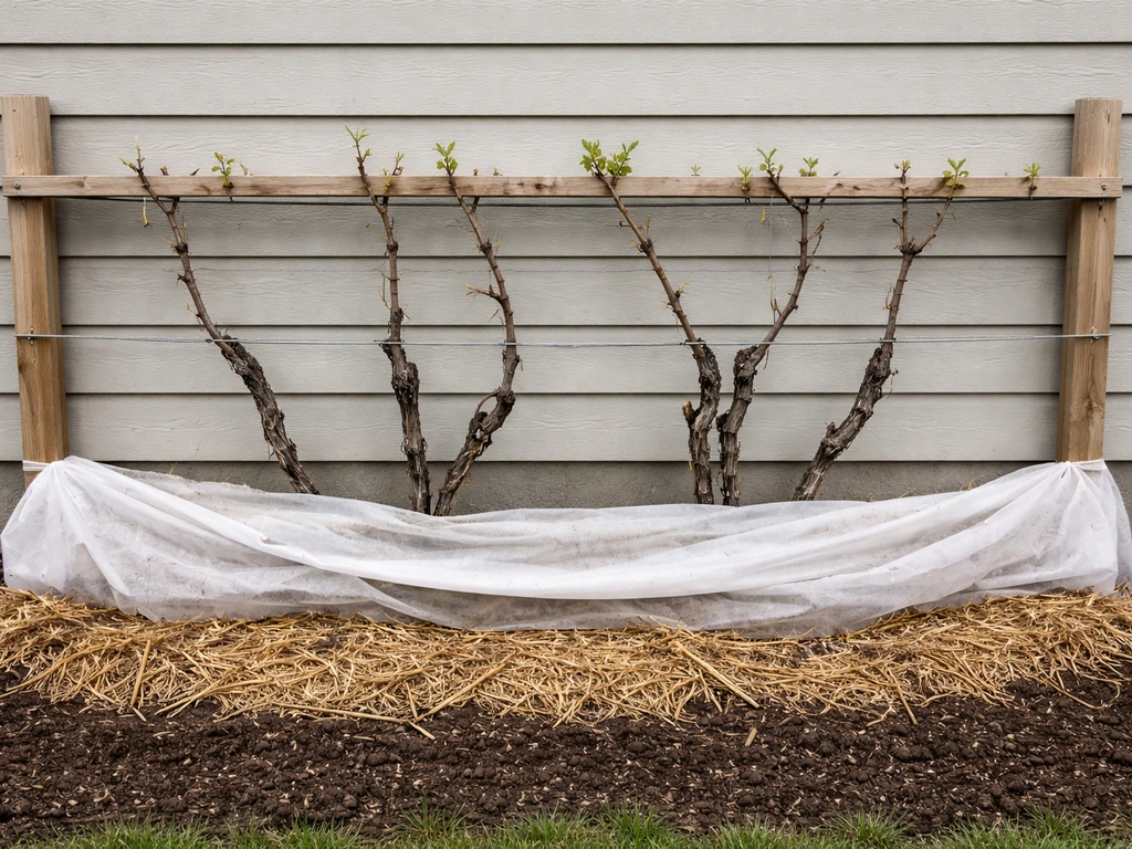 Cold-hardy grapevines on a south-facing trellis in a Minnesota home garden with protective mulch/cover.