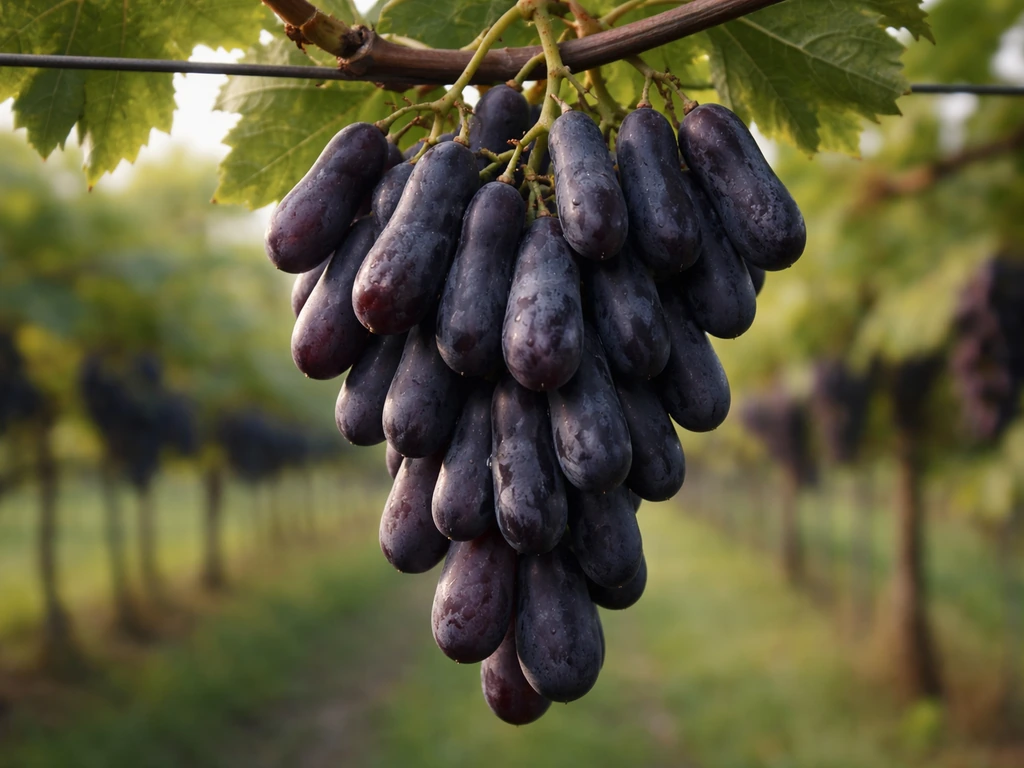 Close-up of dark purple-black Moon Drop grapes hanging from a vine on a trellis in late summer.