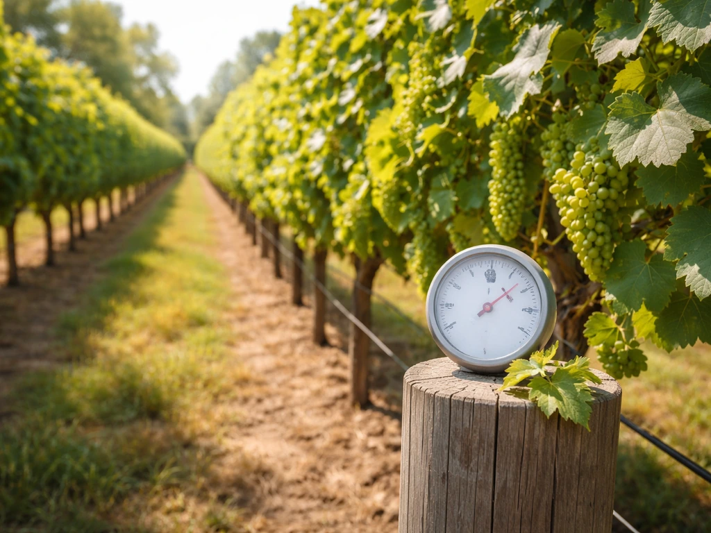 Sunlit vineyard row with green grapevines and a small analog thermometer near a wooden fence post.