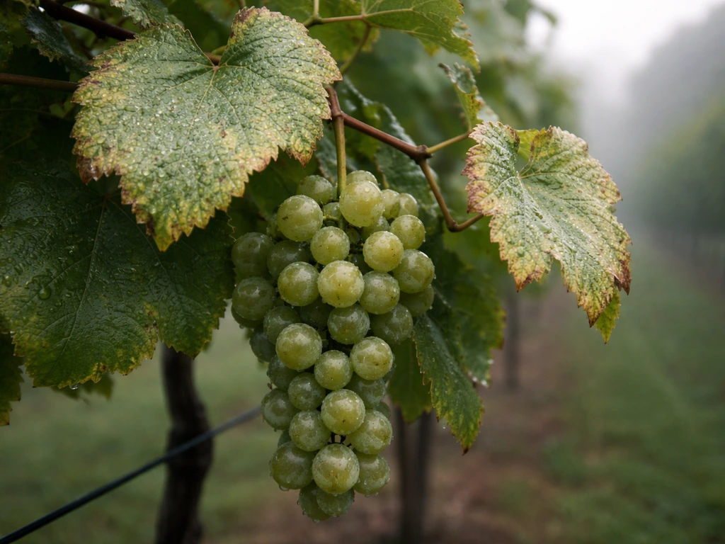 Close-up of grapevine leaves and clusters under foggy, humid morning with subtle mildew-like spotting