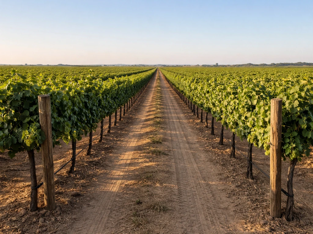 Vineyard rows in sunny Central Valley, representing where Moon Drop grapes grow best.