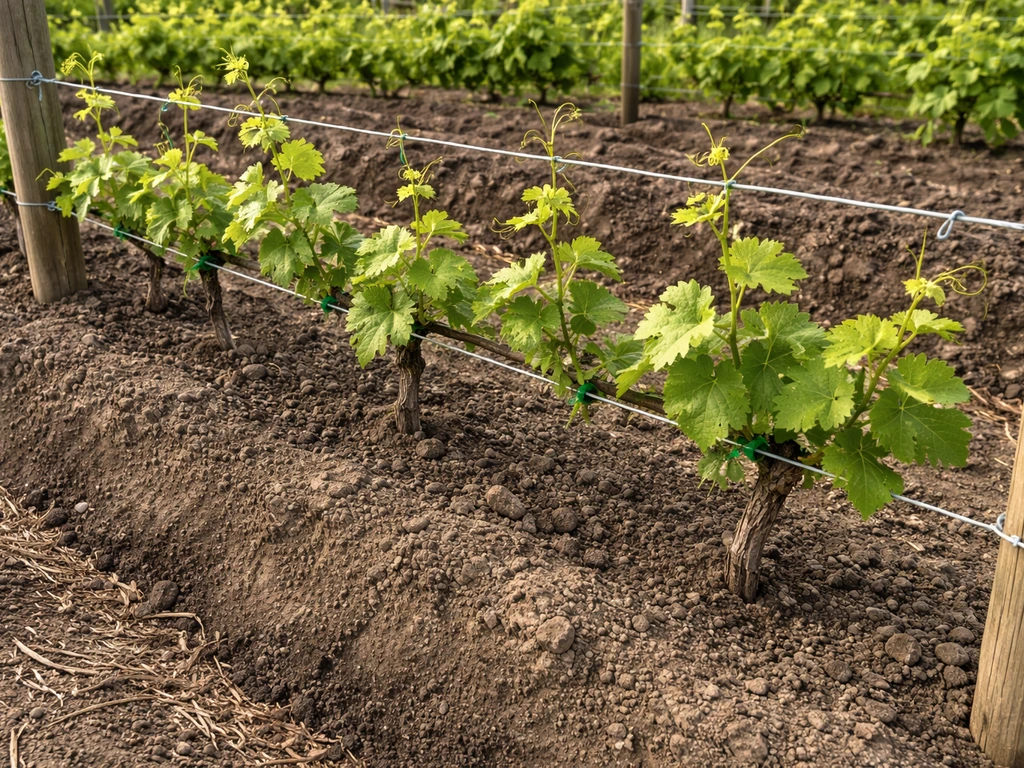 Close-up of a two-wire grape trellis with young training vines on well-drained soil bed.