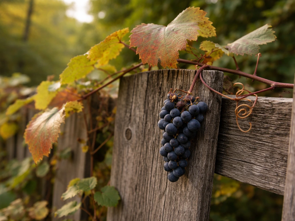 Wild grape vines with tendrils and grape-like berries growing on a rustic fence in warm late-season light.
