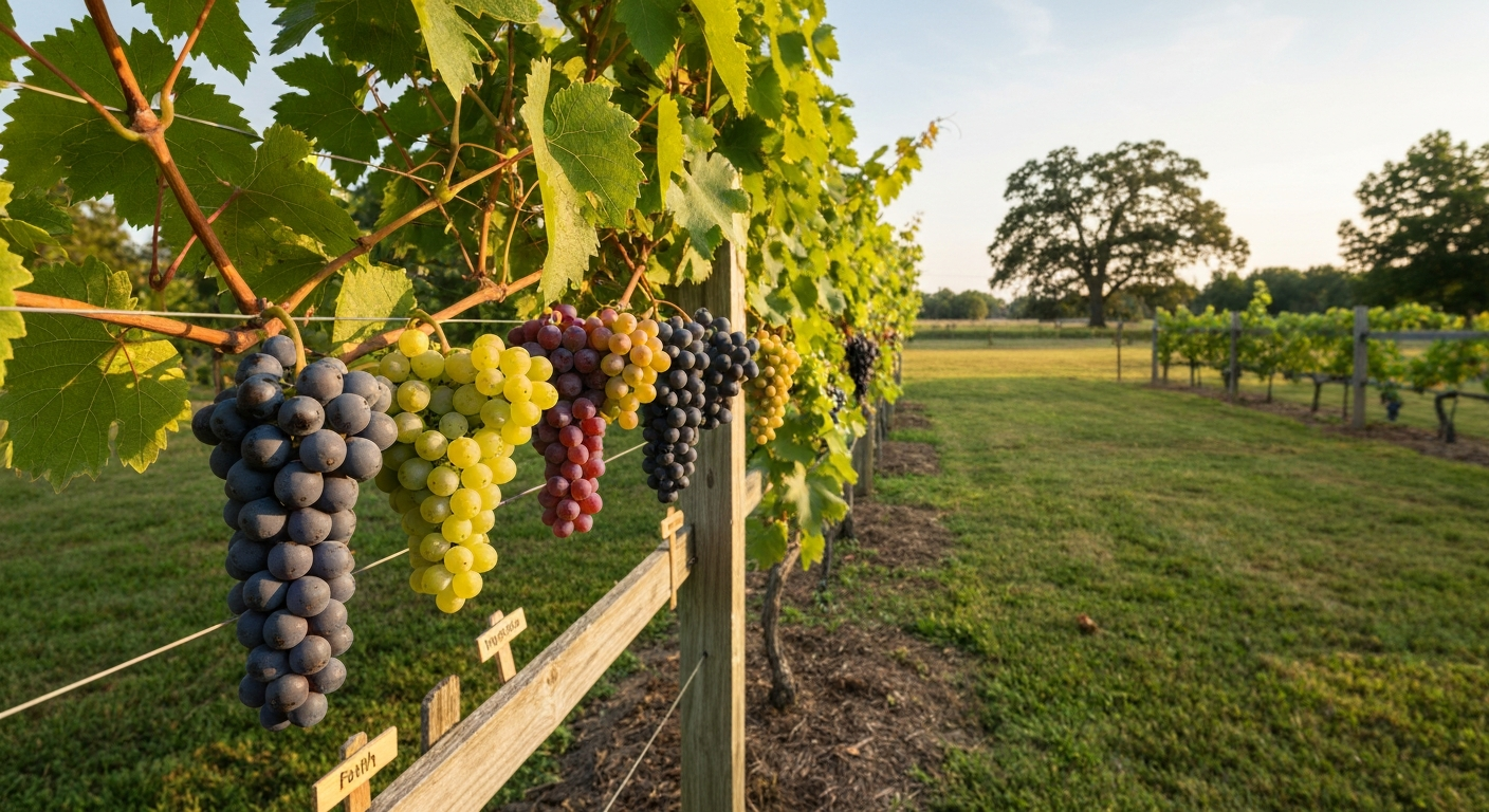 Arkansas backyard trellis with ripe clusters of seedless bunch grapes and muscadines in late summer, labeled by variety.