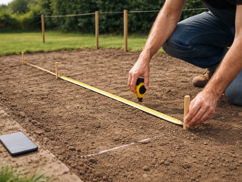 Anonymous hands measuring and placing stakes in a backyard to plan grape trellis and vine planting times.