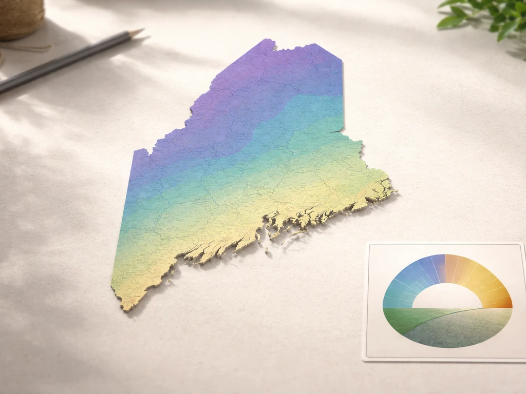 Minimal visual of Maine region map with hardiness zones 3b to 6a and a small growing-season inset.