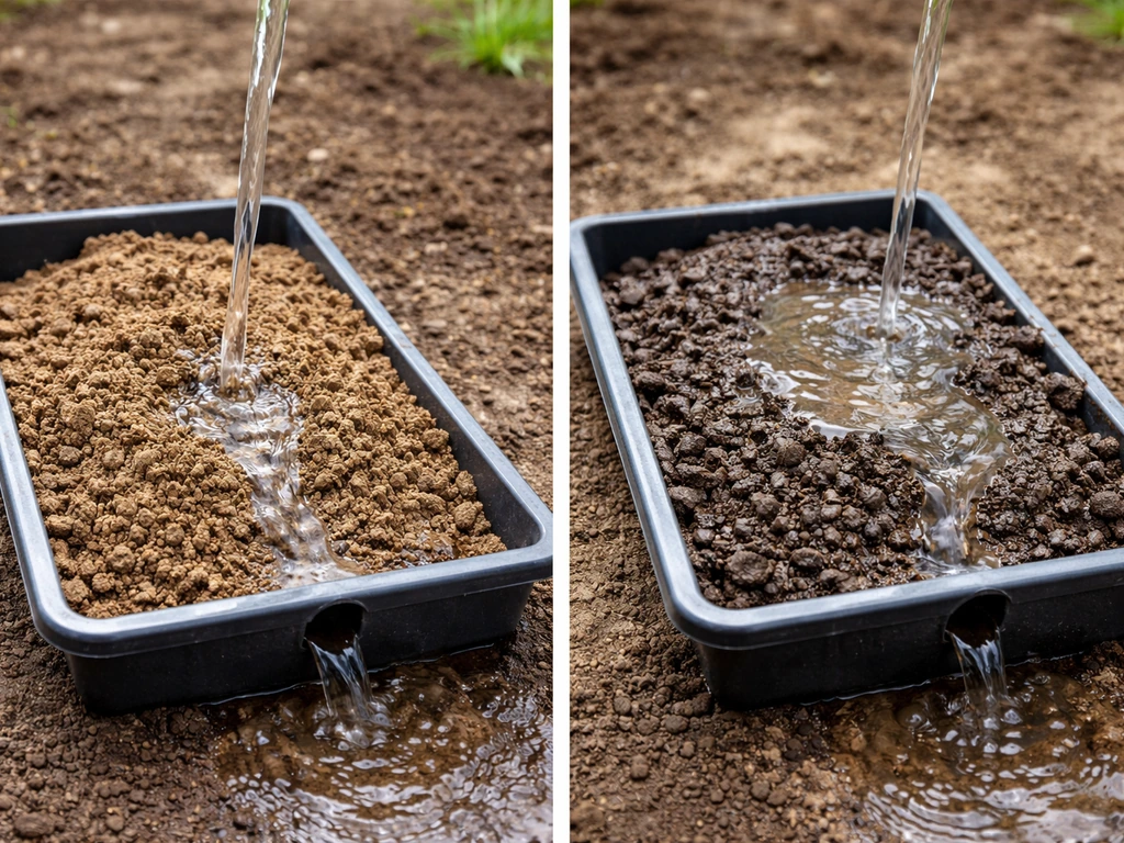 Split view of well-draining loam pouring through soil vs wet heavy soil holding water