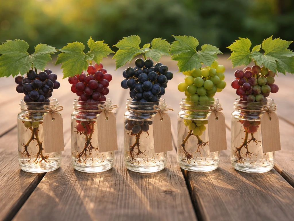 Minimal lineup of grape vine cuttings with grape clusters in glass containers on a wooden deck.