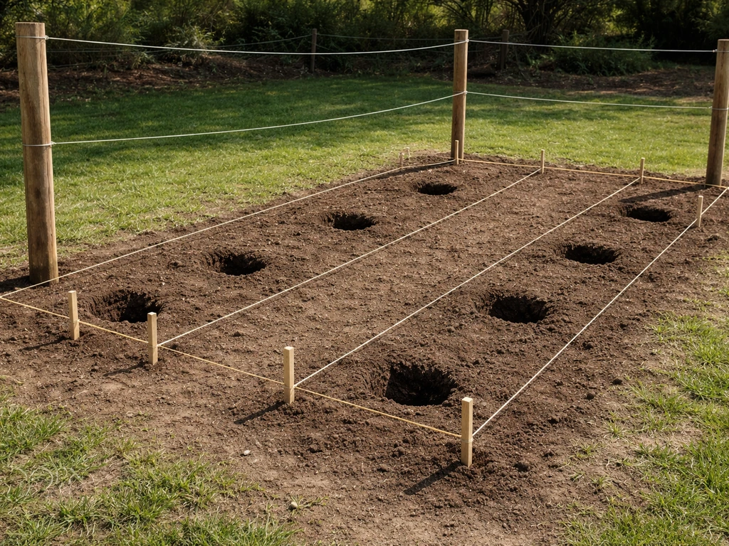 Garden trellis with stakes and measured spacing between vine plants in orderly rows.