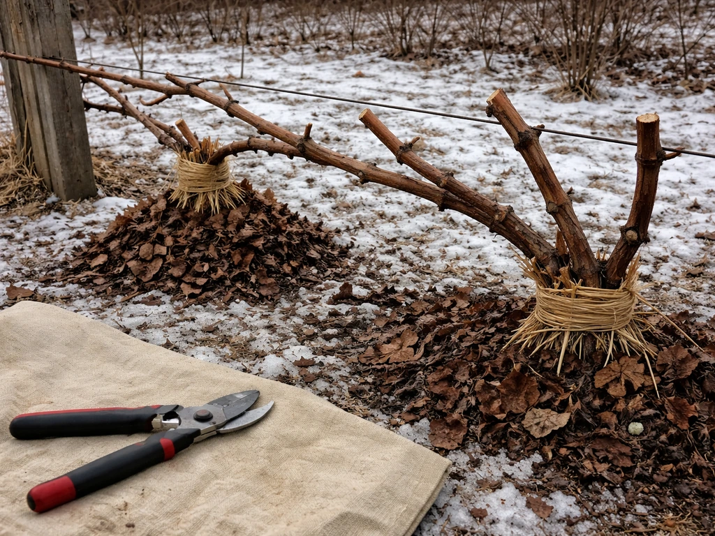 Dormant grape canes on a winter trellis with straw/soil protection and clean pruning tools nearby
