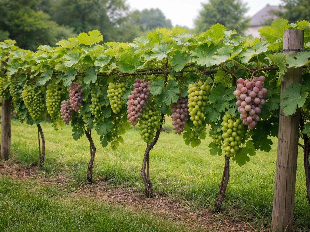 Backyard table grape vines on a wooden trellis with hanging grape clusters in soft natural light.