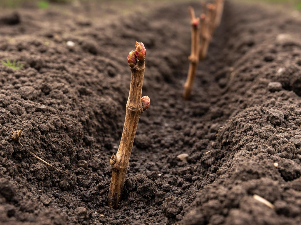 Close-up of dormant bare-root grapevine canes and buds planted in early-spring soil in a garden row.