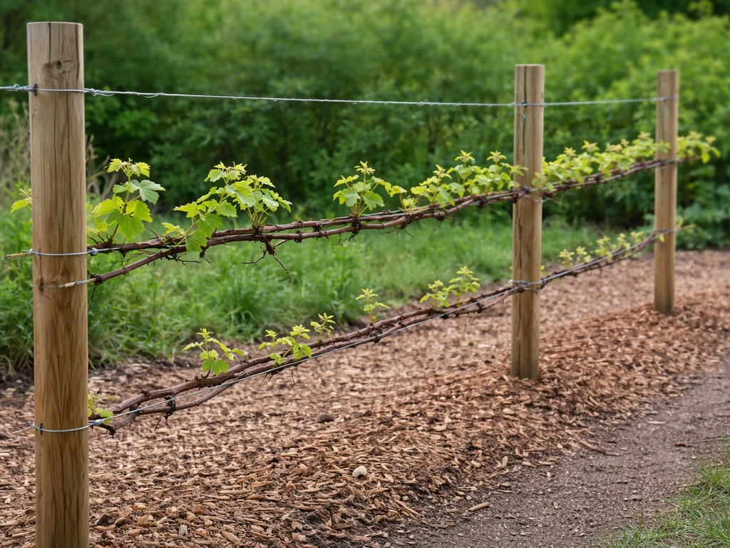 Grape trellis with two high wires and evenly spaced posts in a tidy home garden