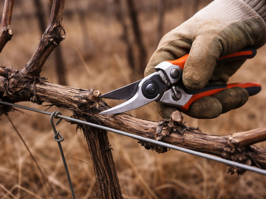 Gloved hands pruning dormant grapevine canes in late winter with pruning shears near the trellis.