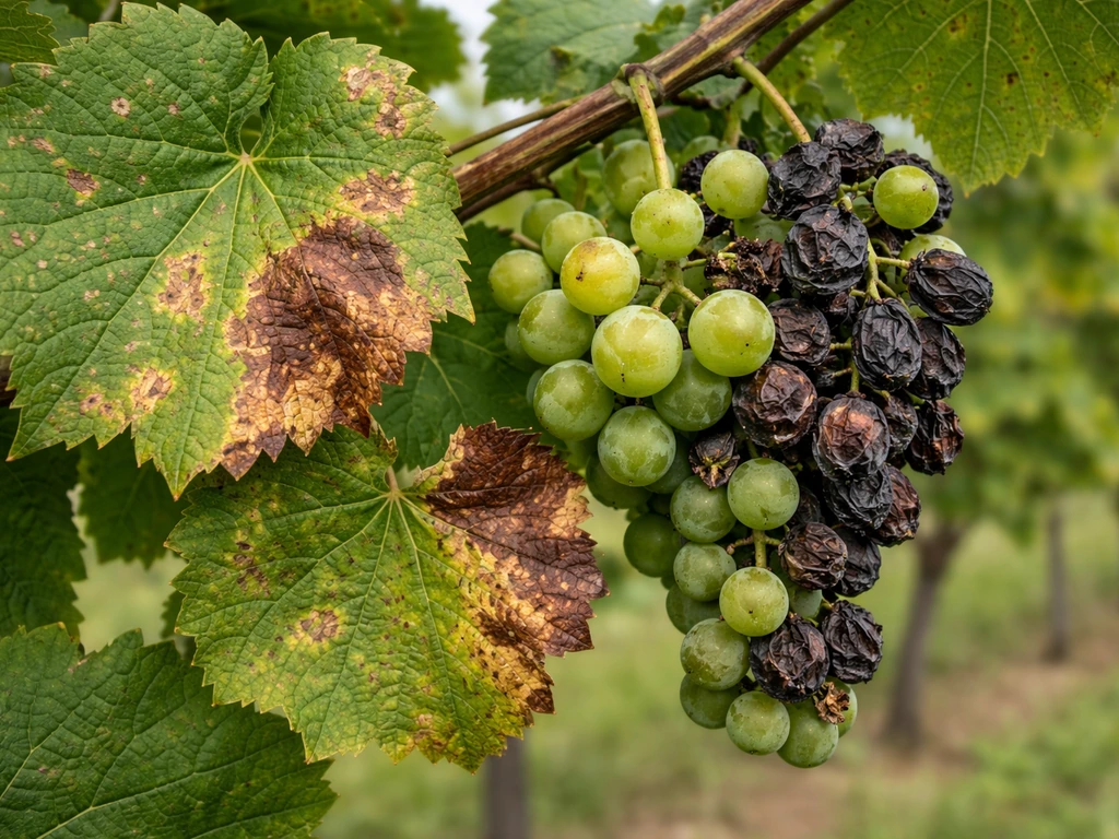 Close-up of grape leaves with tan spots and black shriveled berries from black rot