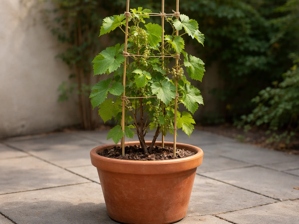 Grape vine thriving in a patio pot with a simple trellis and clustered grapes ready to grow.