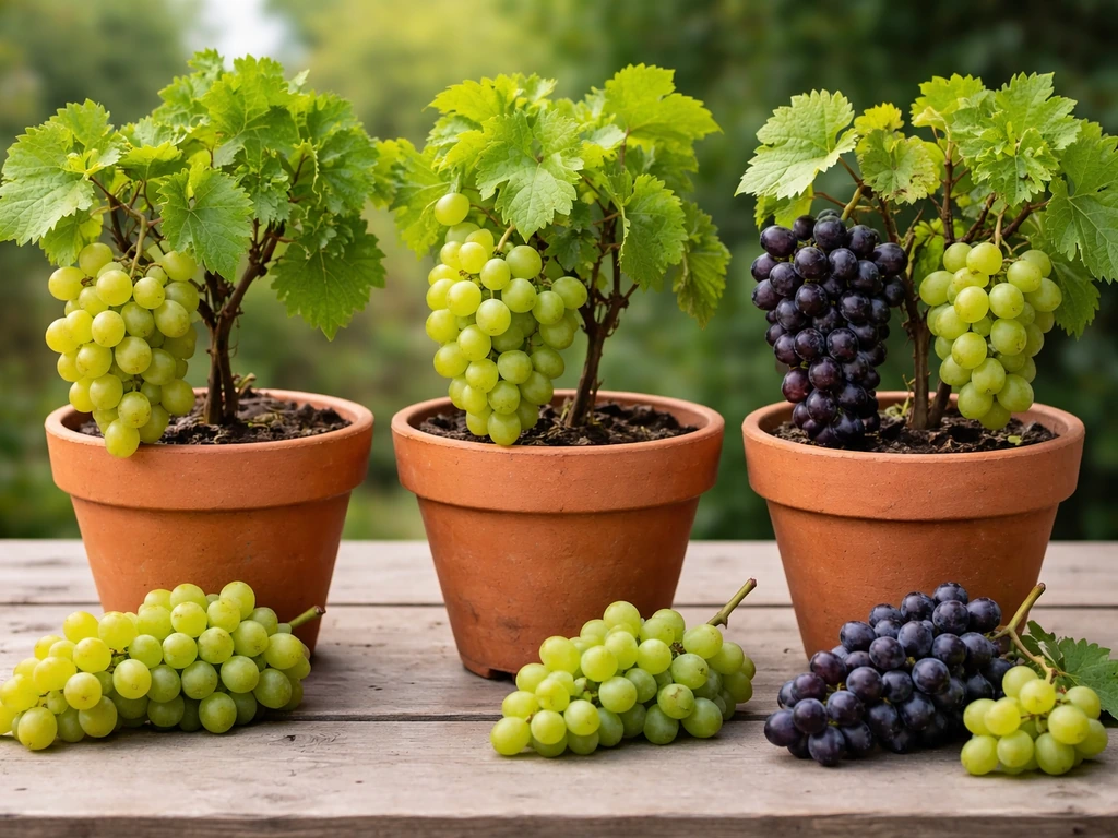 Three small pots of table grape vines with a few fresh grape bunches for variety comparison.