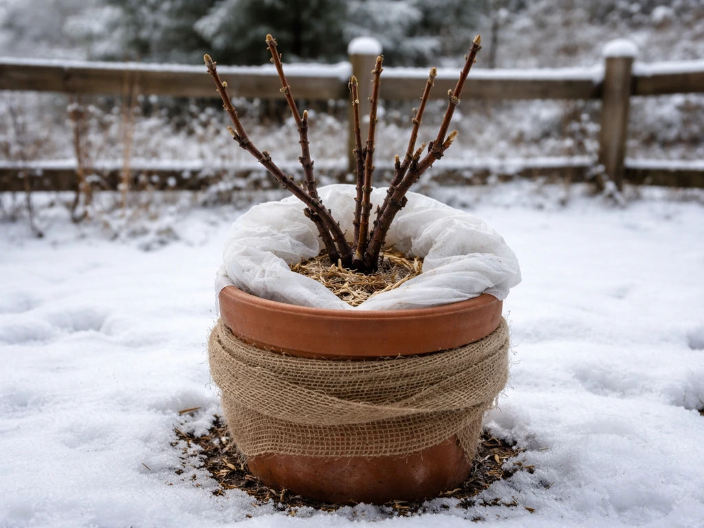 Winter-dormant potted grape vine outdoors on snow, wrapped for protection against cold weather.