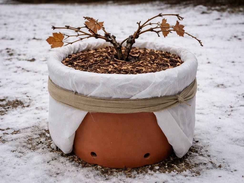 Grape vine in a large pot wrapped for winter insulation with mulch around the base