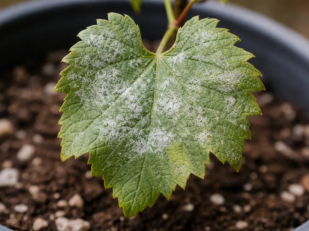 Close-up grape leaf with powdery mildew patches, with a softly blurred pot and soil background.