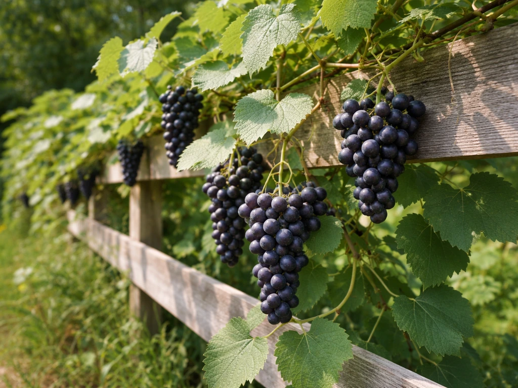 Close view of possum grape vine on a garden fence with dark grape clusters in natural light