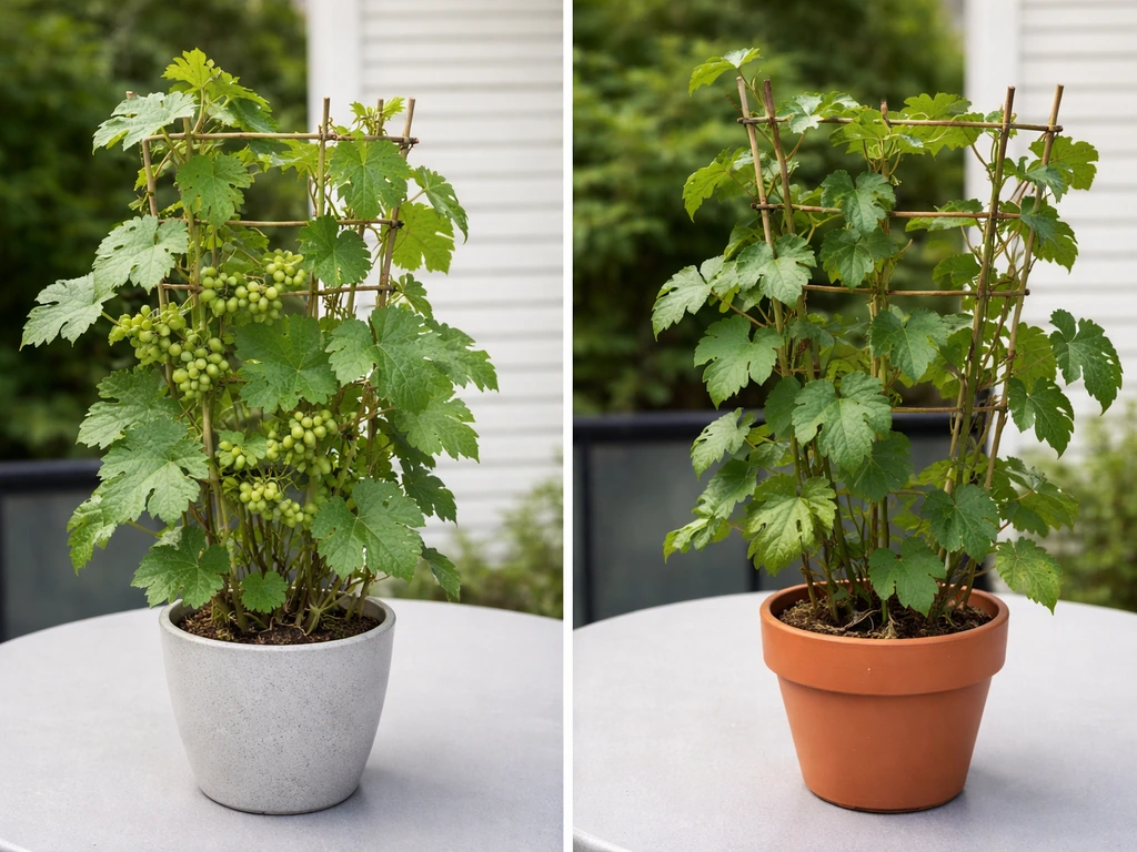 Two potted vine plants side-by-side, contrasting leaf and grape-cluster appearances in natural light.