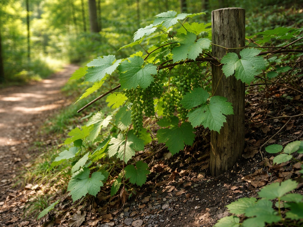Grapevine thriving at a sun-dappled woodland edge with moist, well-draining soil.