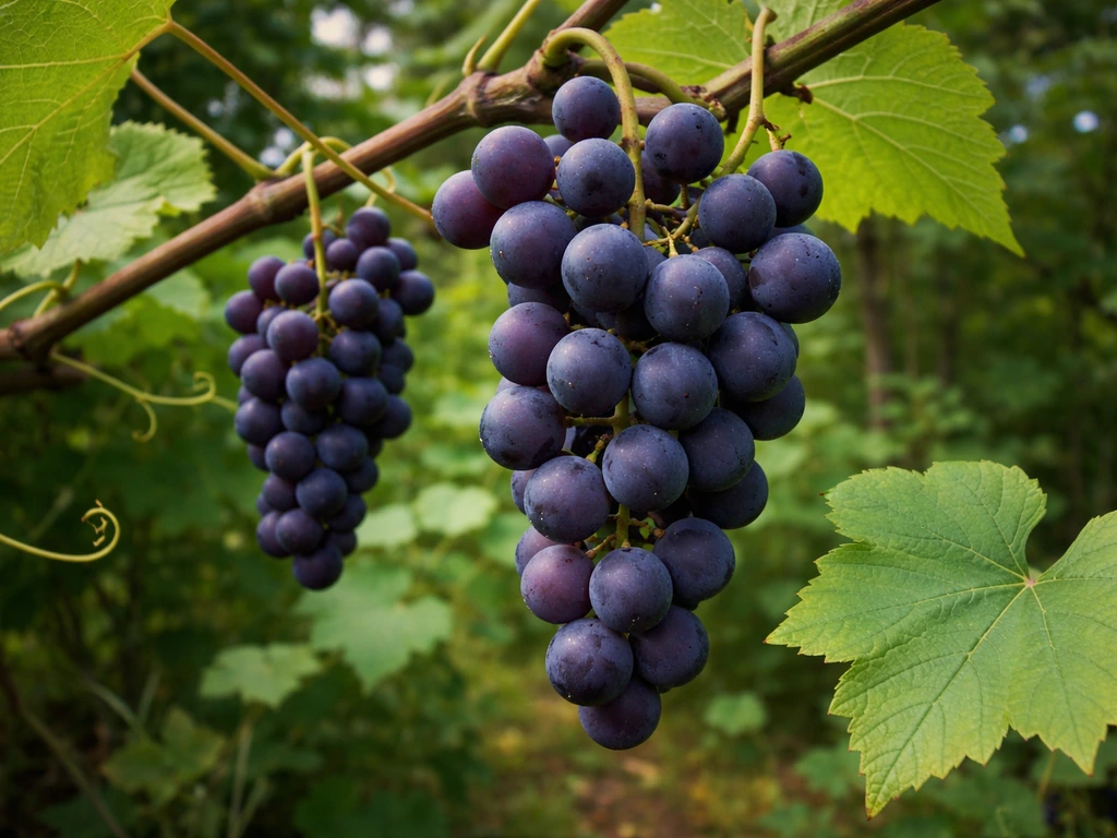 Close-up of dark ripening grapes on a vine with nearby leaves and tendrils, natural outdoor lighting
