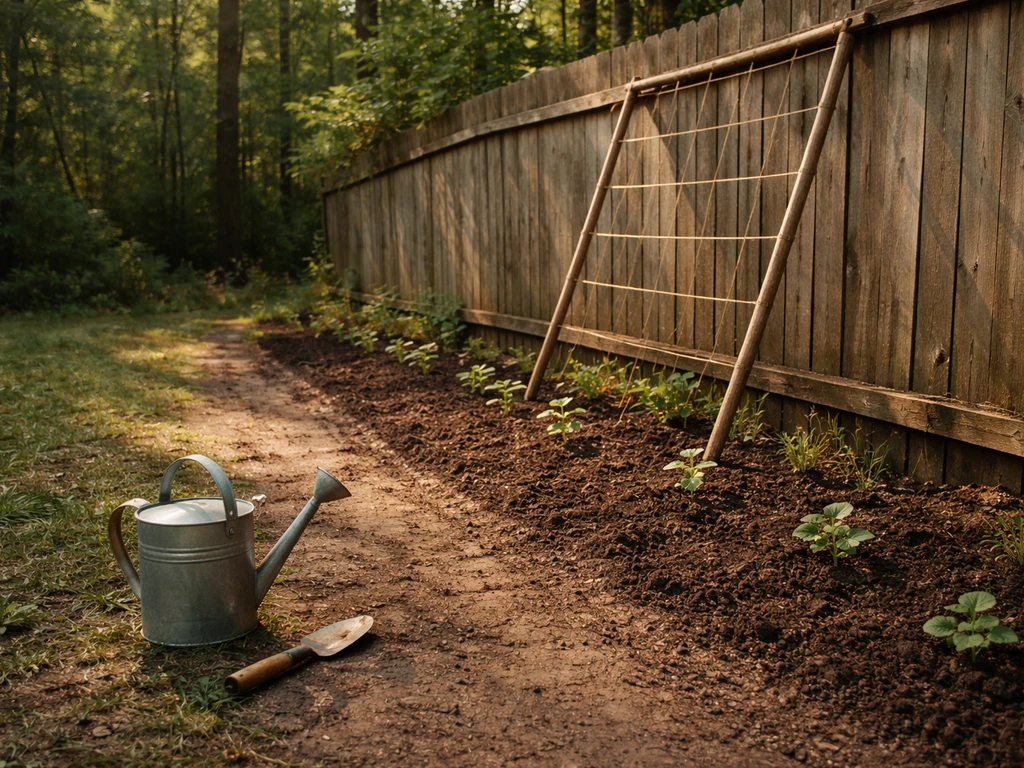 Morning-lit fence trellis with newly planted seedlings along a treeline planting strip.