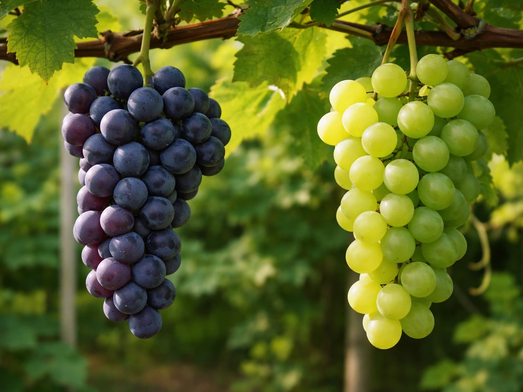 Two grape clusters on vines—one dark Concord-style, one lighter table-grape—fresh and sunlit in a simple garden row.