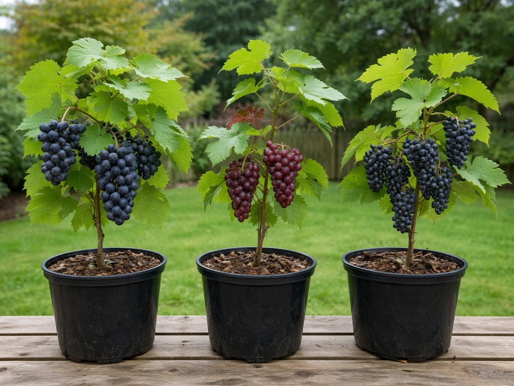 Three hardy grapevines in pots shown side-by-side with dark grape clusters on a quiet patio.