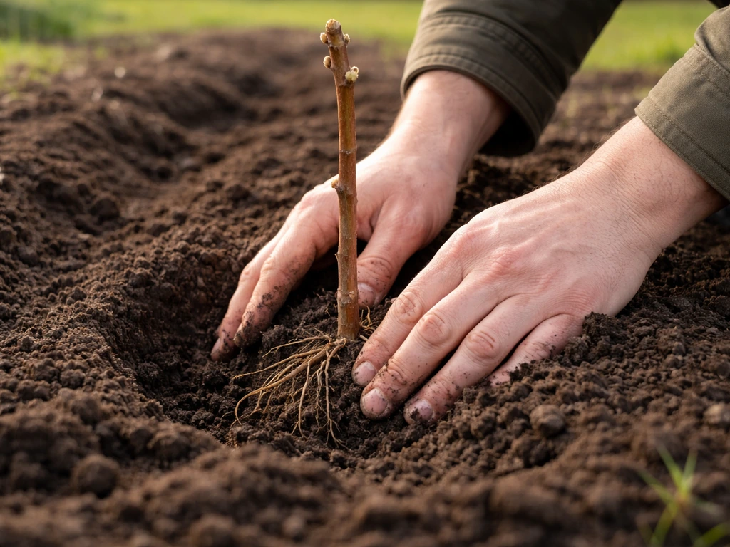 Hands placing a bare-root grapevine cane into a small hole with soil packed around it.