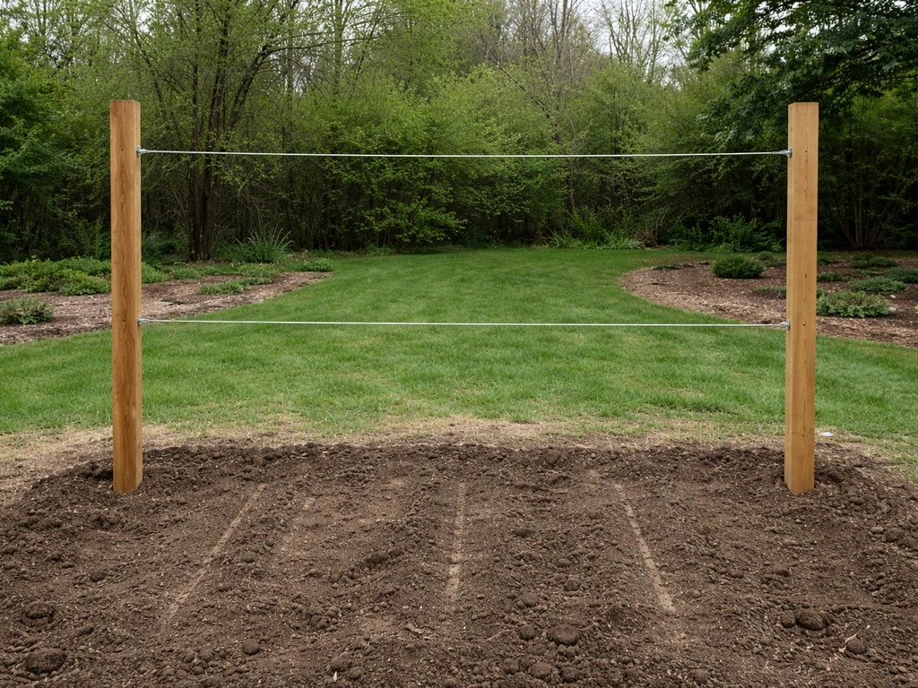 Backyard two-wire trellis with wooden posts and taut wires, prepared soil ready for planting