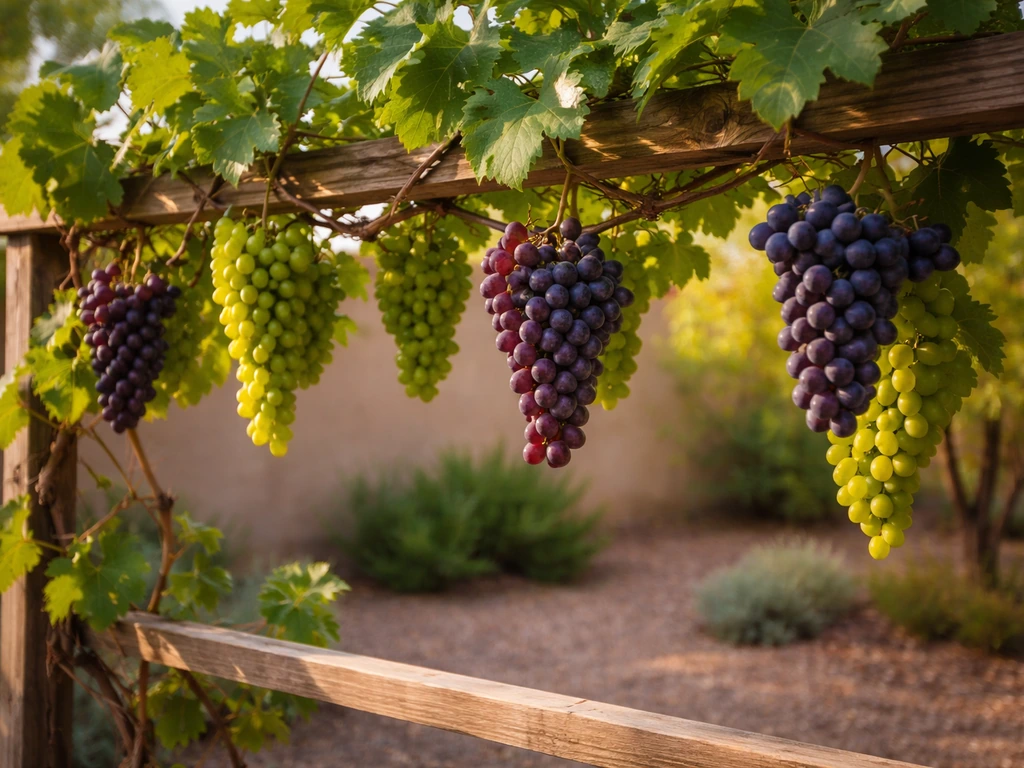 Ripe grape clusters on a trellis in an Arizona backyard with desert plants and warm sunlight.