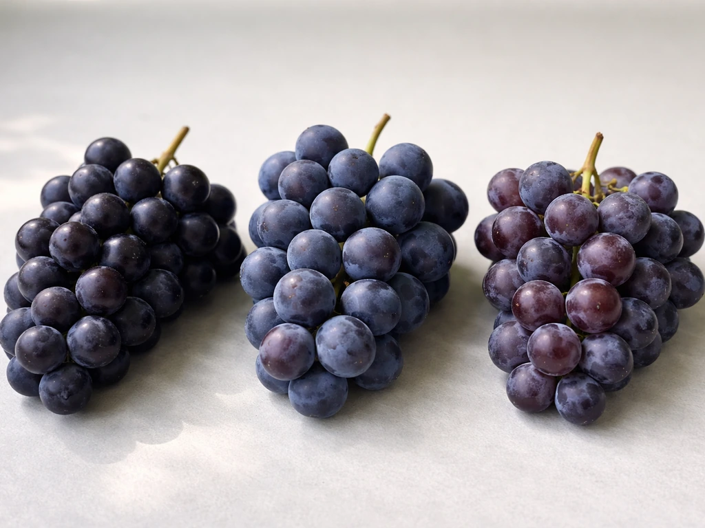Three close-up clusters of grapes—European, American, and hybrid—on a simple studio table.