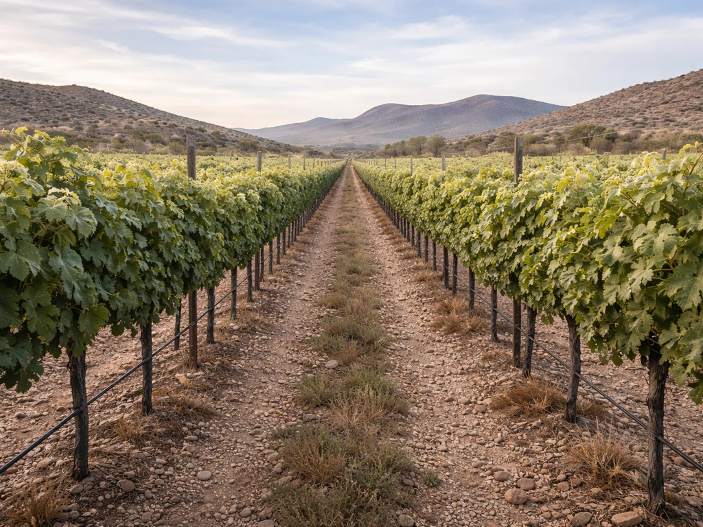 Sunlit vineyard rows in Arizona mid-elevation hills with green trellised grape canopy and cool, crisp atmosphere.