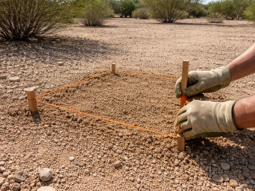 Homeowner outdoors marking a full-sun area with garden stakes for a grape trellis