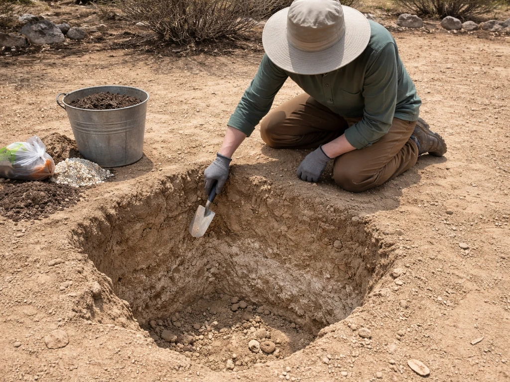 Gardener kneeling in a deep planting hole, examining alkaline, caliche-like soil and drainage conditions.
