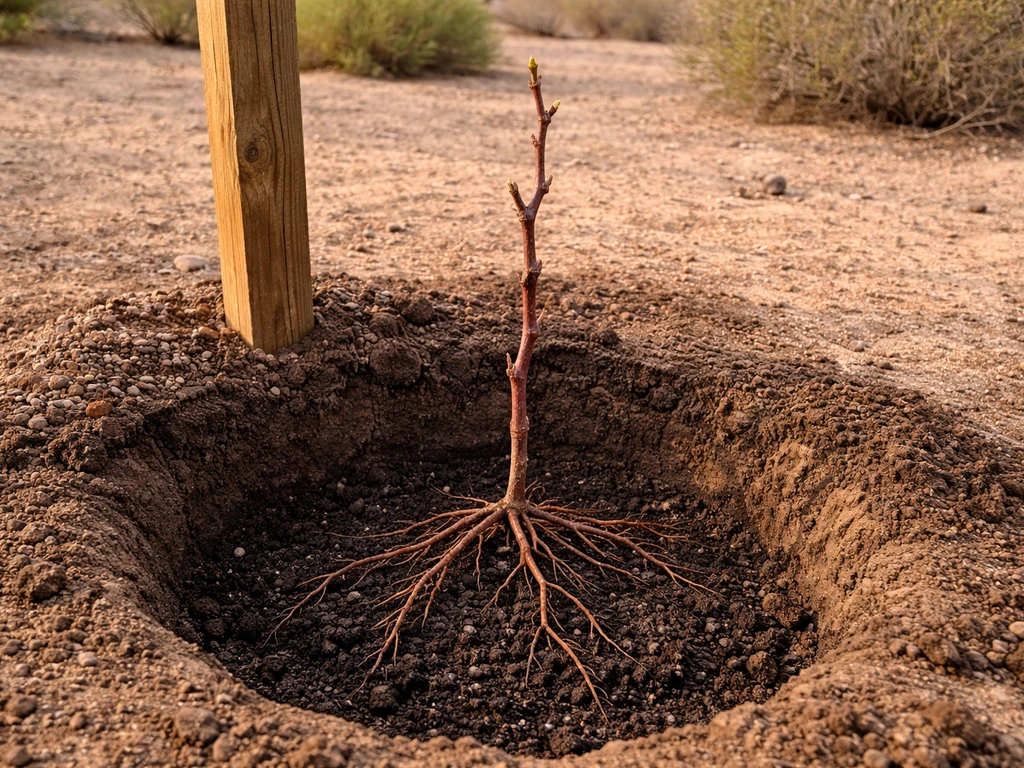 Bare-root grapevine being planted beside a trellis post in an Arizona backyard during winter
