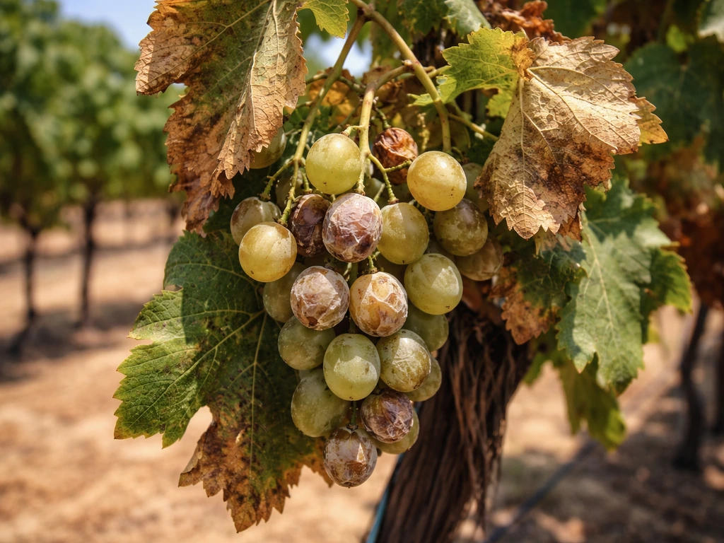 Grape vine leaves scorched and berries bleached under extreme Arizona heat in natural sunlight