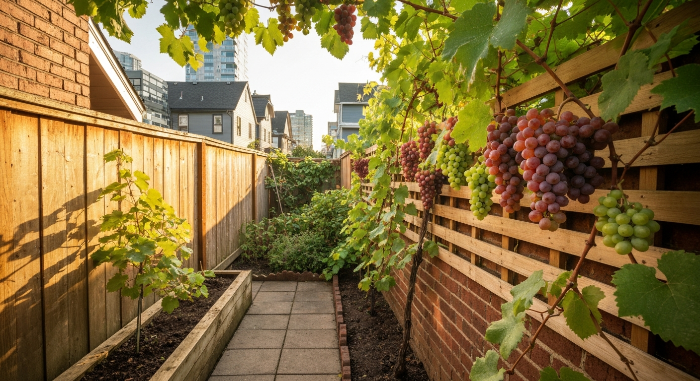 Sunny Vancouver backyard with a trellised grapevine bearing ripe table grapes on a south‑facing fence.