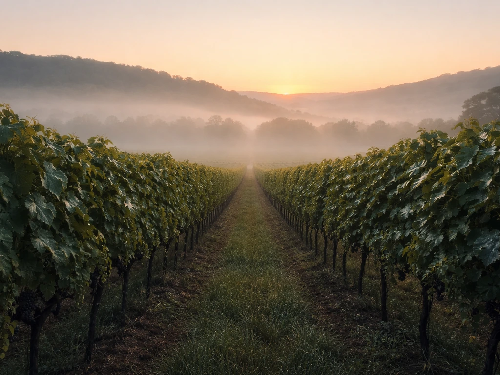 Sunrise vineyard rows with warm light hitting grapevines and misty cool air between the plants.