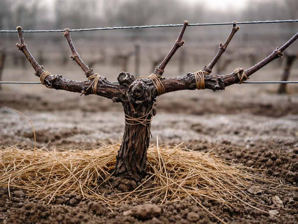 Dormant grapevine canes in winter under protective coverings with soil contact, no people.