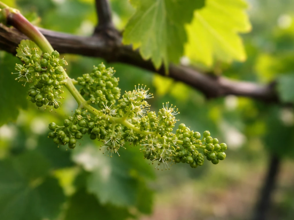 Close-up of grape flower clusters and tiny green fruit set on a vine in early summer light.