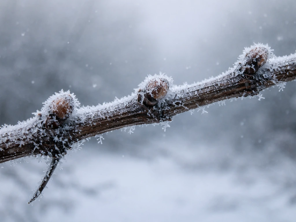 Dormant grapevine canes in icy winter air with frost clinging to buds and leaves