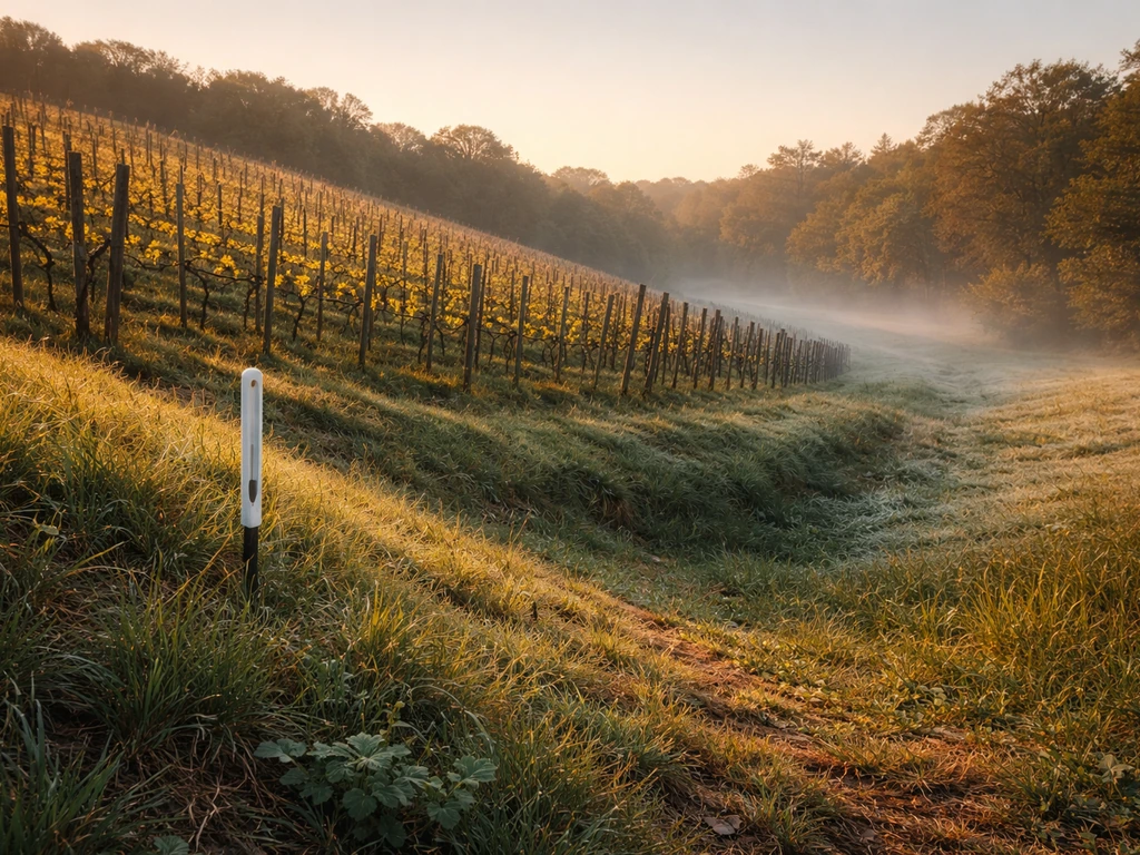 Vineyard hillside with a low frost-prone area, showing how cold air drainage changes microclimate.