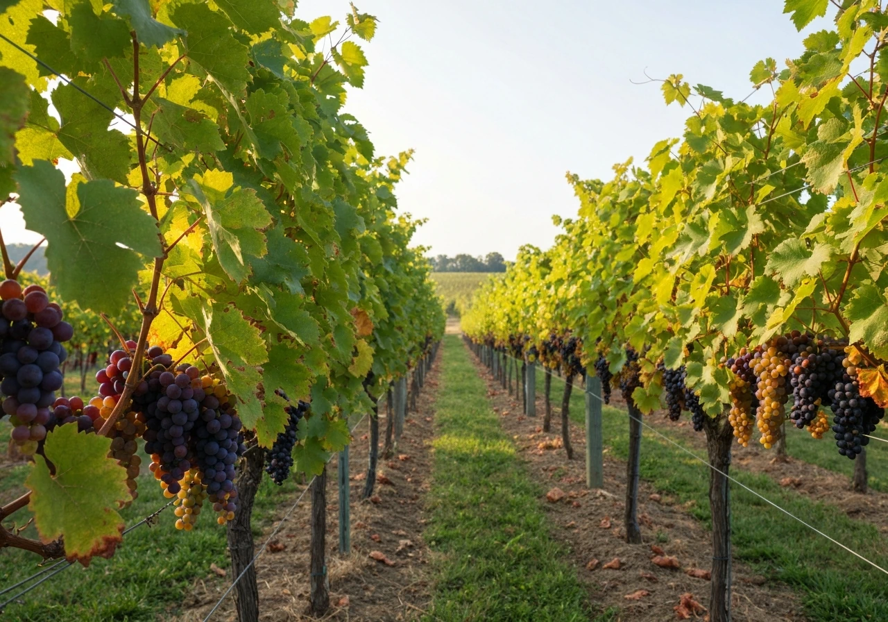 End-of-summer vineyard rows with ripe grape clusters on trellises under natural light in rural PA.